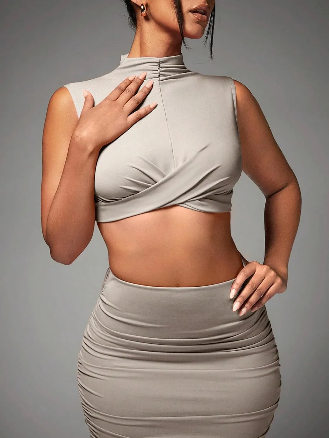 Women's Sexy 2 Piece Outfits Solid Mock Neck Criss Cross Crop Top Tank Top and Ruched Maxi Skirt Bodycon Skirt Sets