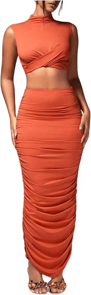 Women's Sexy 2 Piece Outfits Solid Mock Neck Criss Cross Crop Top Tank Top and Ruched Maxi Skirt Bodycon Skirt Sets