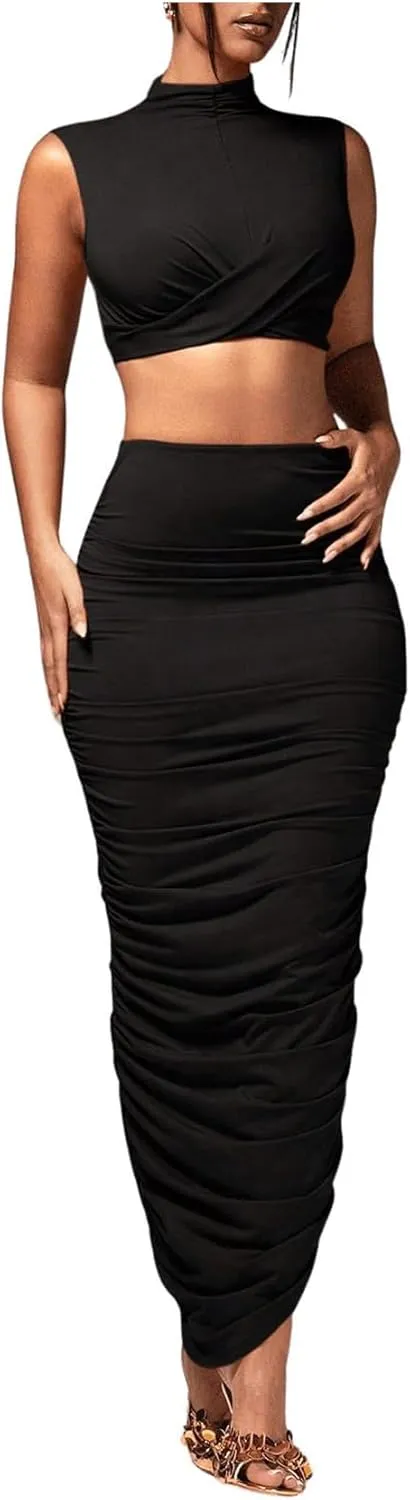 Women's Sexy 2 Piece Outfits Solid Mock Neck Criss Cross Crop Top Tank Top and Ruched Maxi Skirt Bodycon Skirt Sets