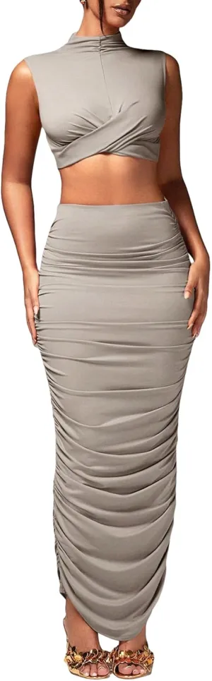 Women's Sexy 2 Piece Outfits Solid Mock Neck Criss Cross Crop Top Tank Top and Ruched Maxi Skirt Bodycon Skirt Sets