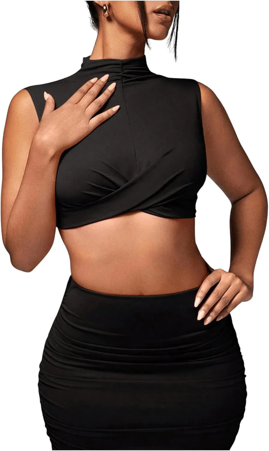 Women's Sexy 2 Piece Outfits Solid Mock Neck Criss Cross Crop Top Tank Top and Ruched Maxi Skirt Bodycon Skirt Sets