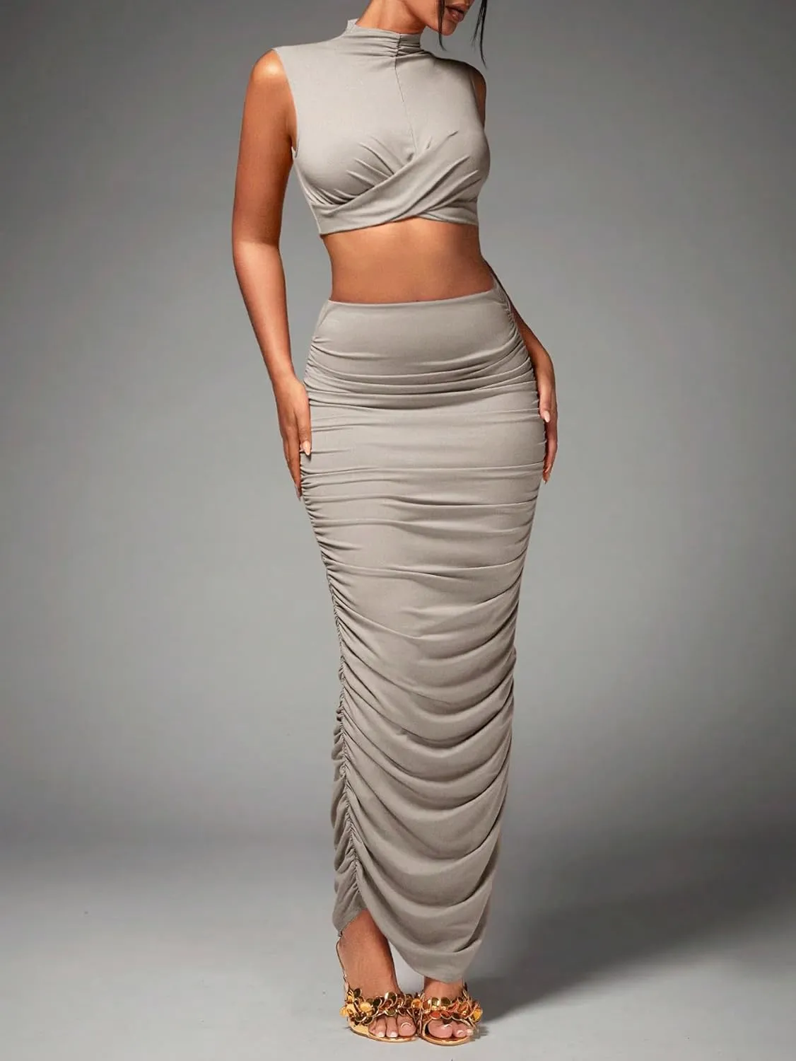 Women's Sexy 2 Piece Outfits Solid Mock Neck Criss Cross Crop Top Tank Top and Ruched Maxi Skirt Bodycon Skirt Sets