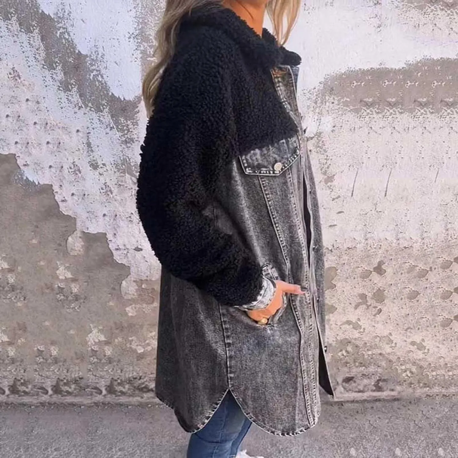 Womens Sherpa-Lined Denim Long Shirt Jacket,2024 Fall New Lapel Single-Breasted Long Denim Jacket Splicing Sherpa