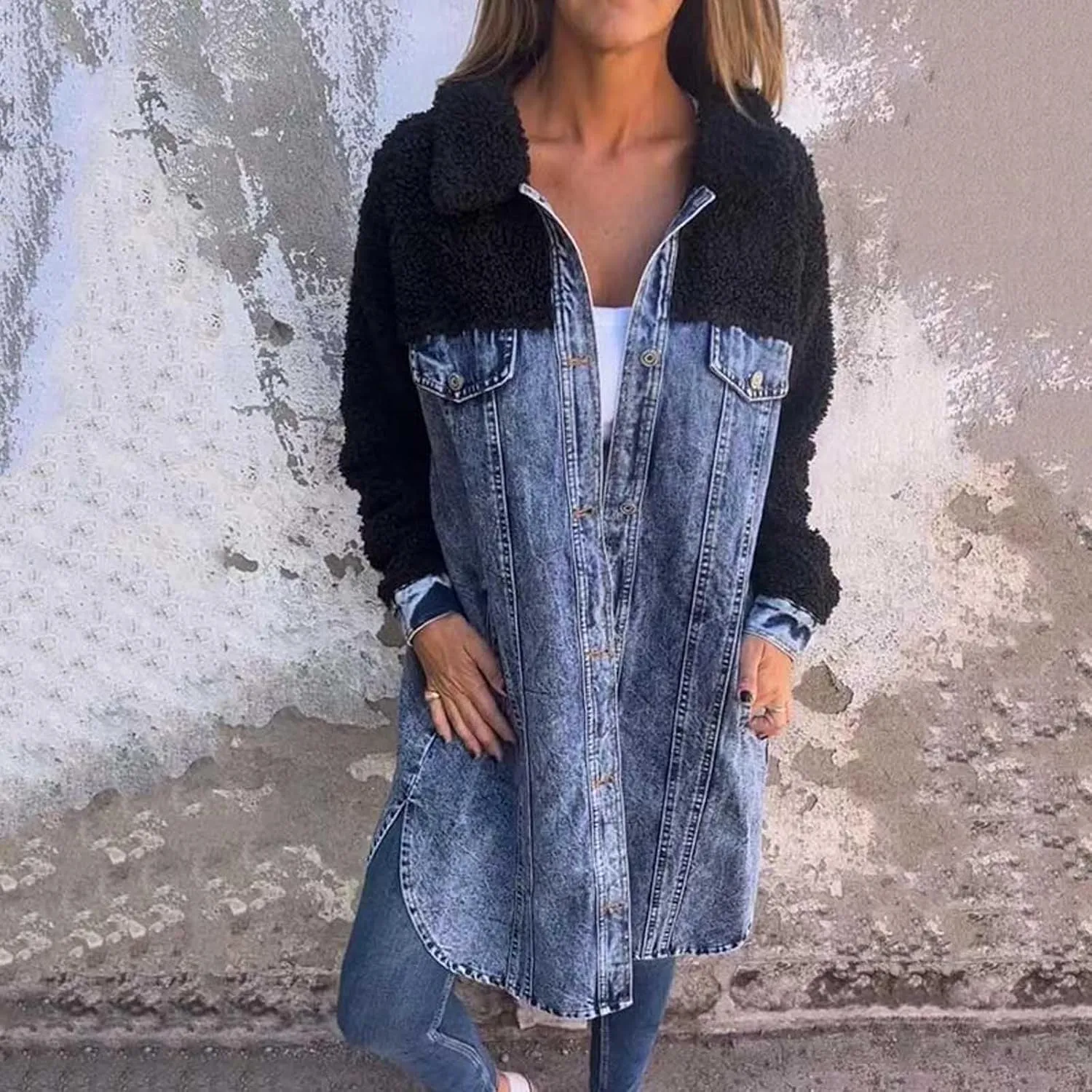 Womens Sherpa-Lined Denim Long Shirt Jacket,2024 Fall New Lapel Single-Breasted Long Denim Jacket Splicing Sherpa