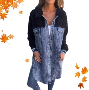 Womens Sherpa-Lined Denim Long Shirt Jacket,2024 Fall New Lapel Single-Breasted Long Denim Jacket Splicing Sherpa