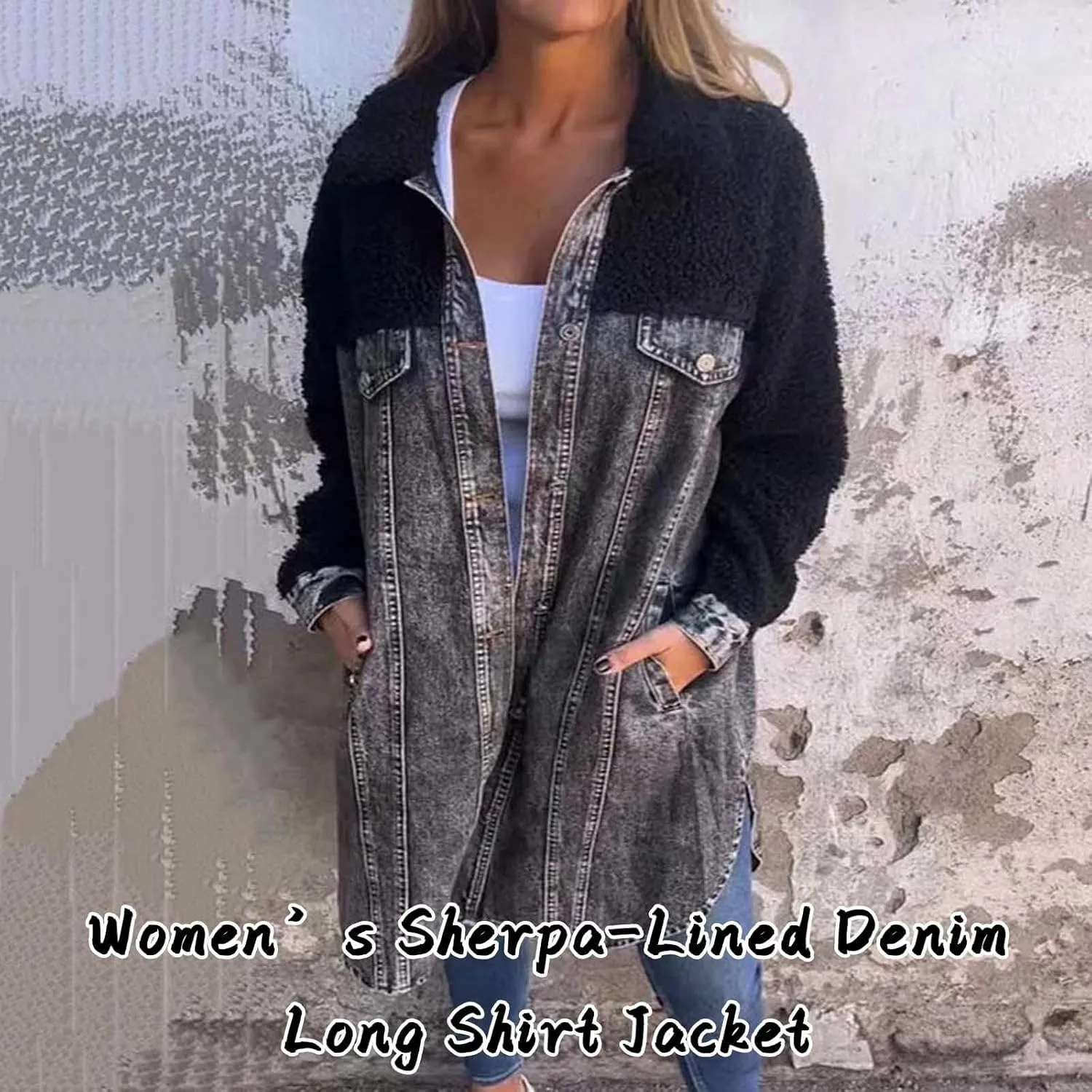 Womens Sherpa-Lined Denim Long Shirt Jacket,2024 Fall New Lapel Single-Breasted Long Denim Jacket Splicing Sherpa