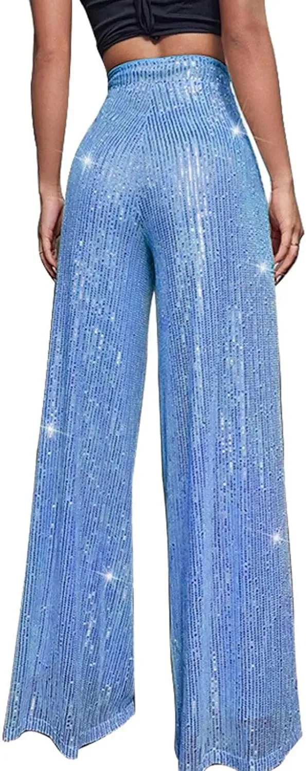 Women's Solid Color High Waist Sequin Drape Wide Leg Pants Casual Party Night Out Pants