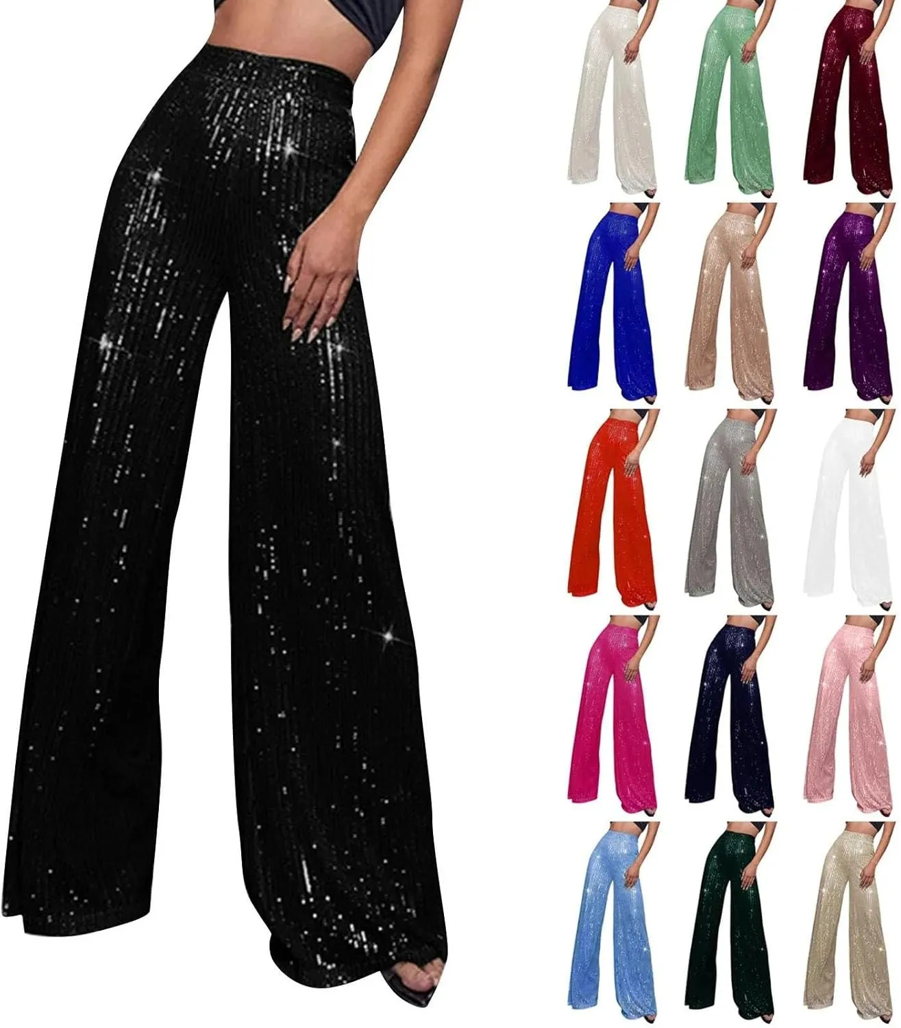 Women's Solid Color High Waist Sequin Drape Wide Leg Pants Casual Party Night Out Pants