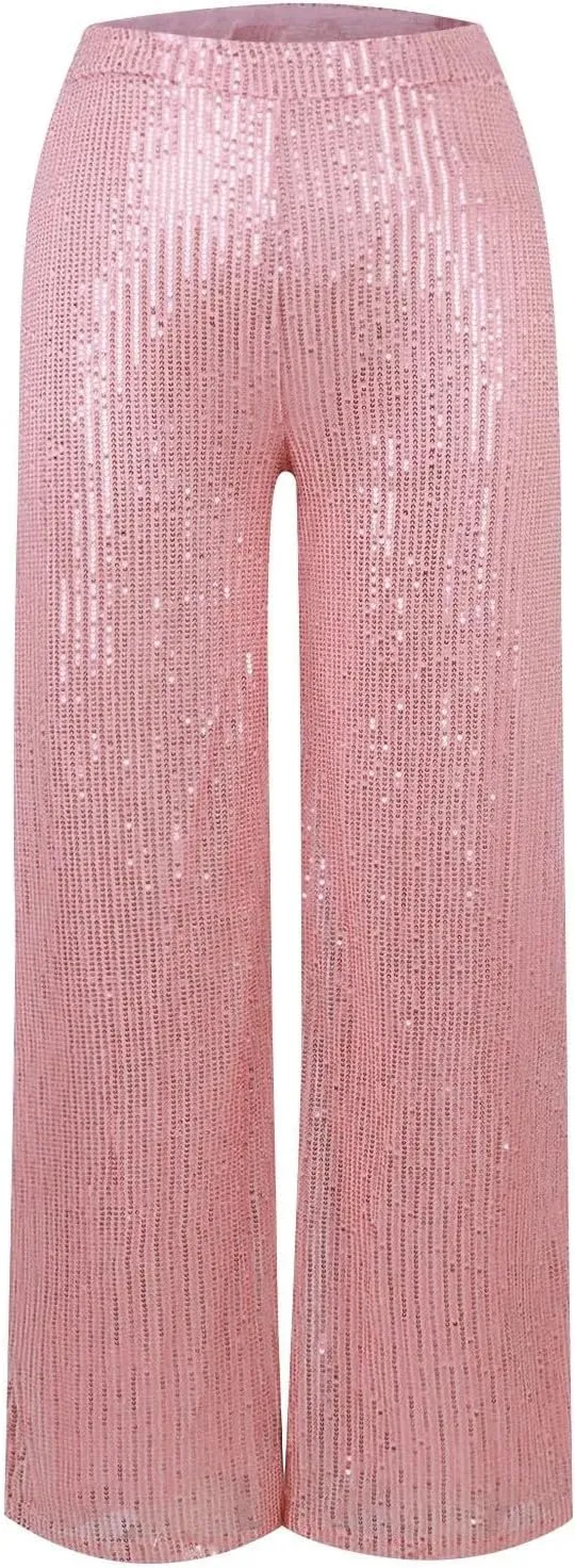 Women's Solid Color High Waist Sequin Drape Wide Leg Pants Casual Party Night Out Pants
