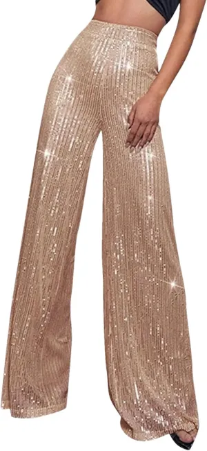 Women's Solid Color High Waist Sequin Drape Wide Leg Pants Casual Party Night Out Pants