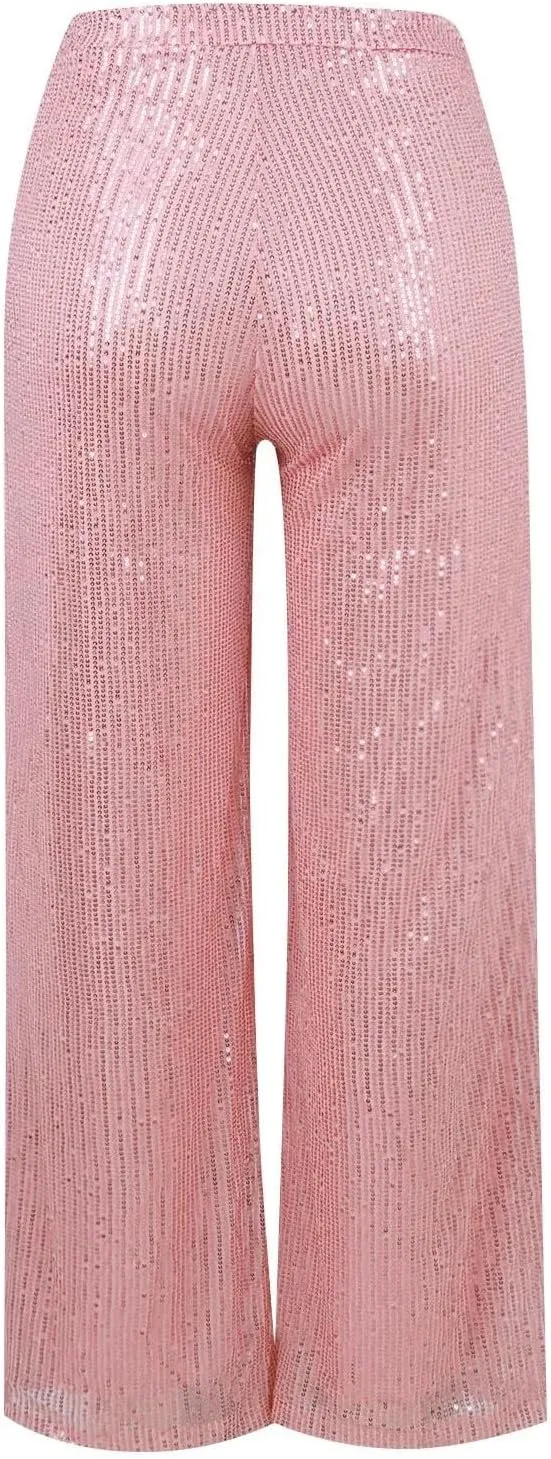 Women's Solid Color High Waist Sequin Drape Wide Leg Pants Casual Party Night Out Pants