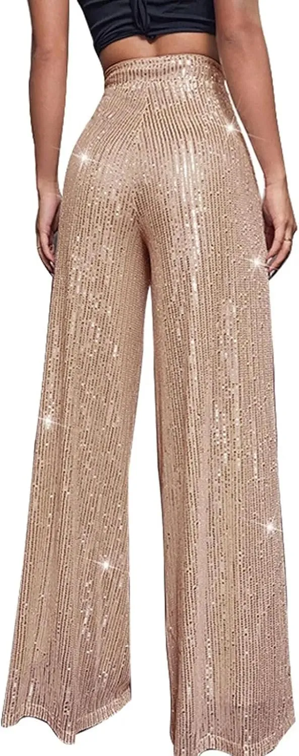 Women's Solid Color High Waist Sequin Drape Wide Leg Pants Casual Party Night Out Pants