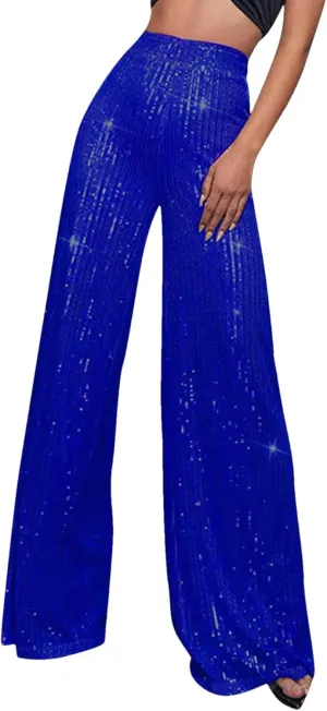 Women's Solid Color High Waist Sequin Drape Wide Leg Pants Casual Party Night Out Pants