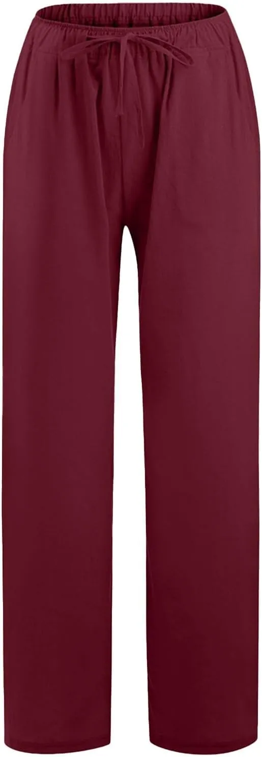 Womens Summer Linen Pants Elastic High Waisted Palazzo Pants Wide Leg Long Lounge Pant Casual Trousers with Pocket