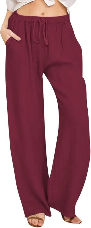 Womens Summer Linen Pants Elastic High Waisted Palazzo Pants Wide Leg Long Lounge Pant Casual Trousers with Pocket