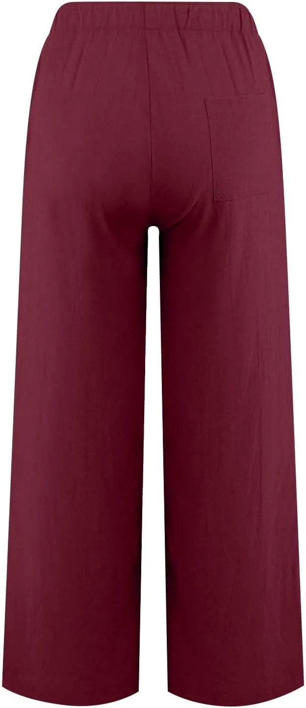 Womens Summer Linen Pants Elastic High Waisted Palazzo Pants Wide Leg Long Lounge Pant Casual Trousers with Pocket