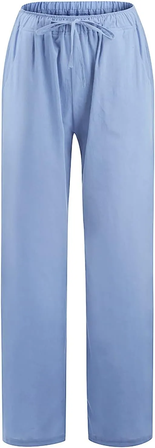 Women's Summer Pants, Linen Joggers for Women Flowy Beach Pants with Pockets Gym Wide Leg Yoga Pants Hawaii Travel Trousers