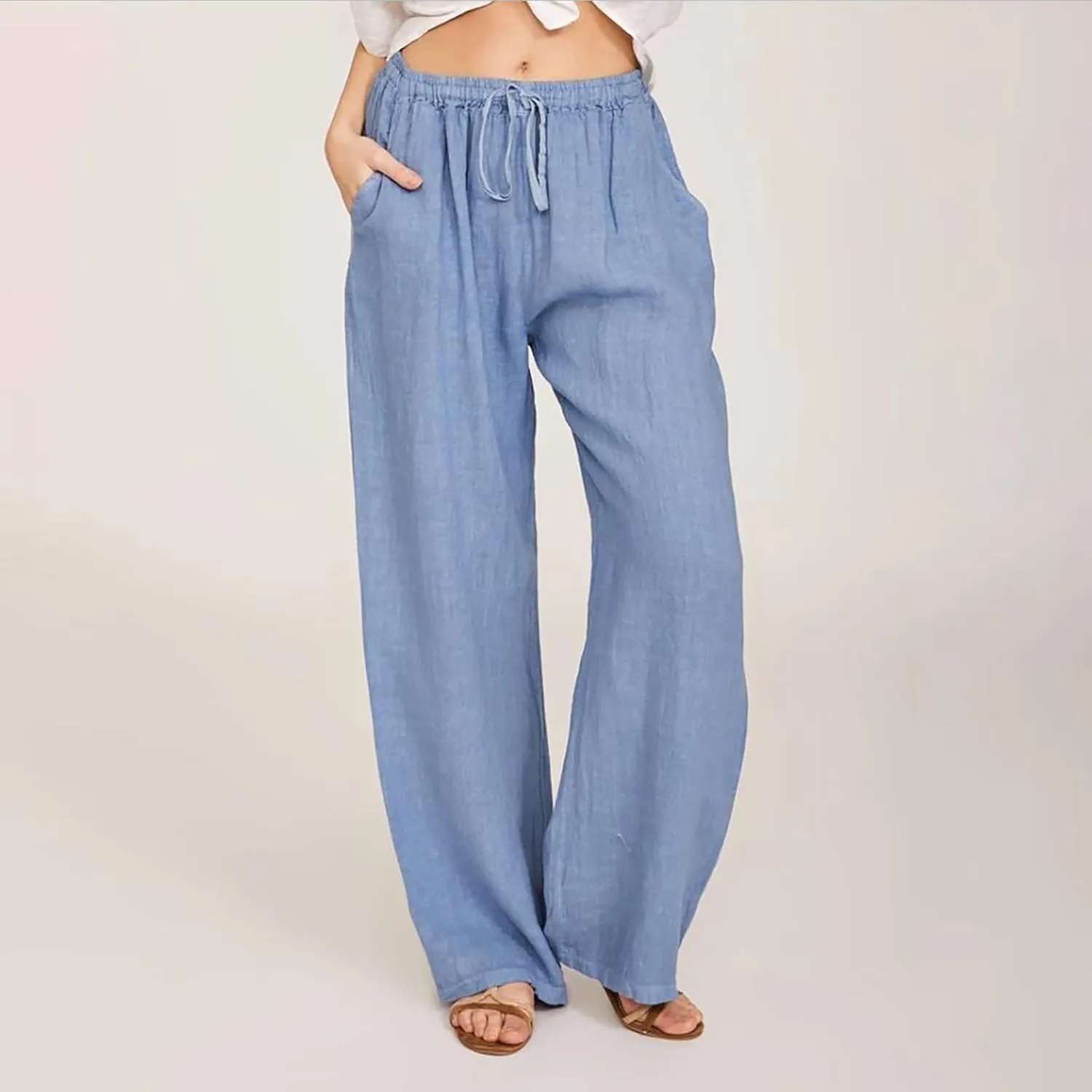 Women's Summer Pants, Linen Joggers for Women Flowy Beach Pants with Pockets Gym Wide Leg Yoga Pants Hawaii Travel Trousers