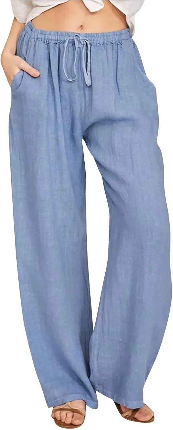 Women's Summer Pants, Linen Joggers for Women Flowy Beach Pants with Pockets Gym Wide Leg Yoga Pants Hawaii Travel Trousers