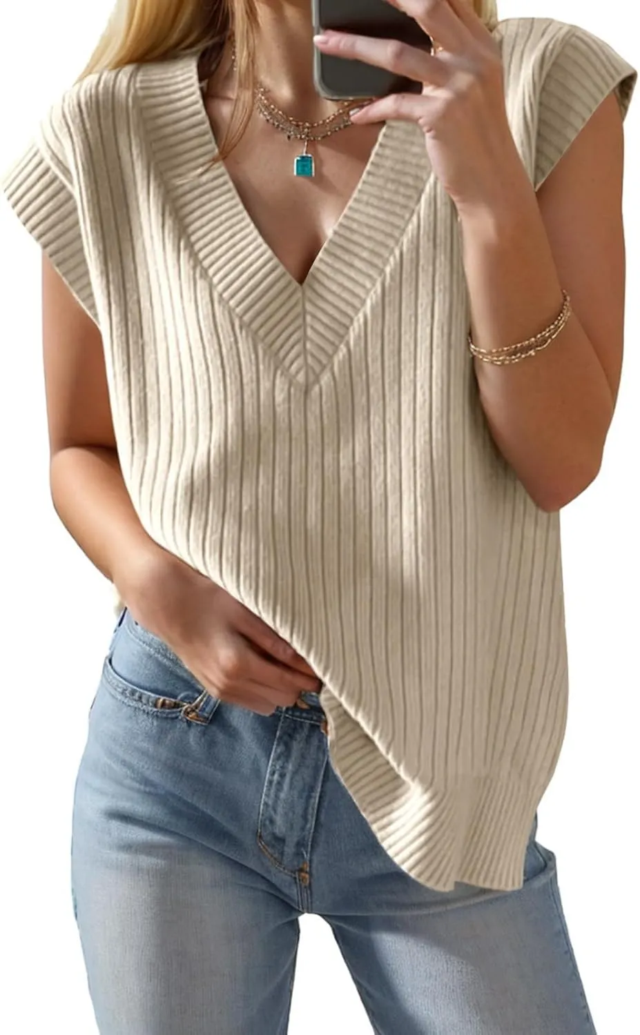 Womens Summer Tops 2025 Spring Sweater Vest Tank Top V Neck Ribbed Short Cap Sleeve Loose Fit Side Slit Trendy Casual Outfits