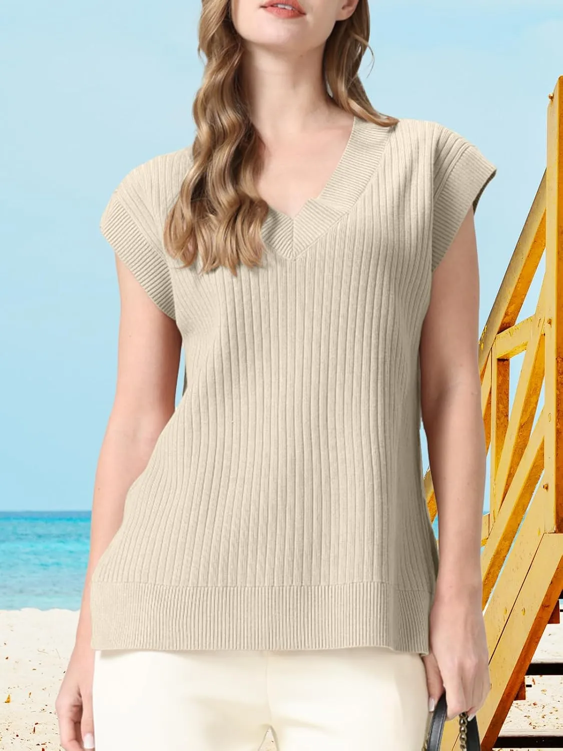 Womens Summer Tops 2025 Spring Sweater Vest Tank Top V Neck Ribbed Short Cap Sleeve Loose Fit Side Slit Trendy Casual Outfits