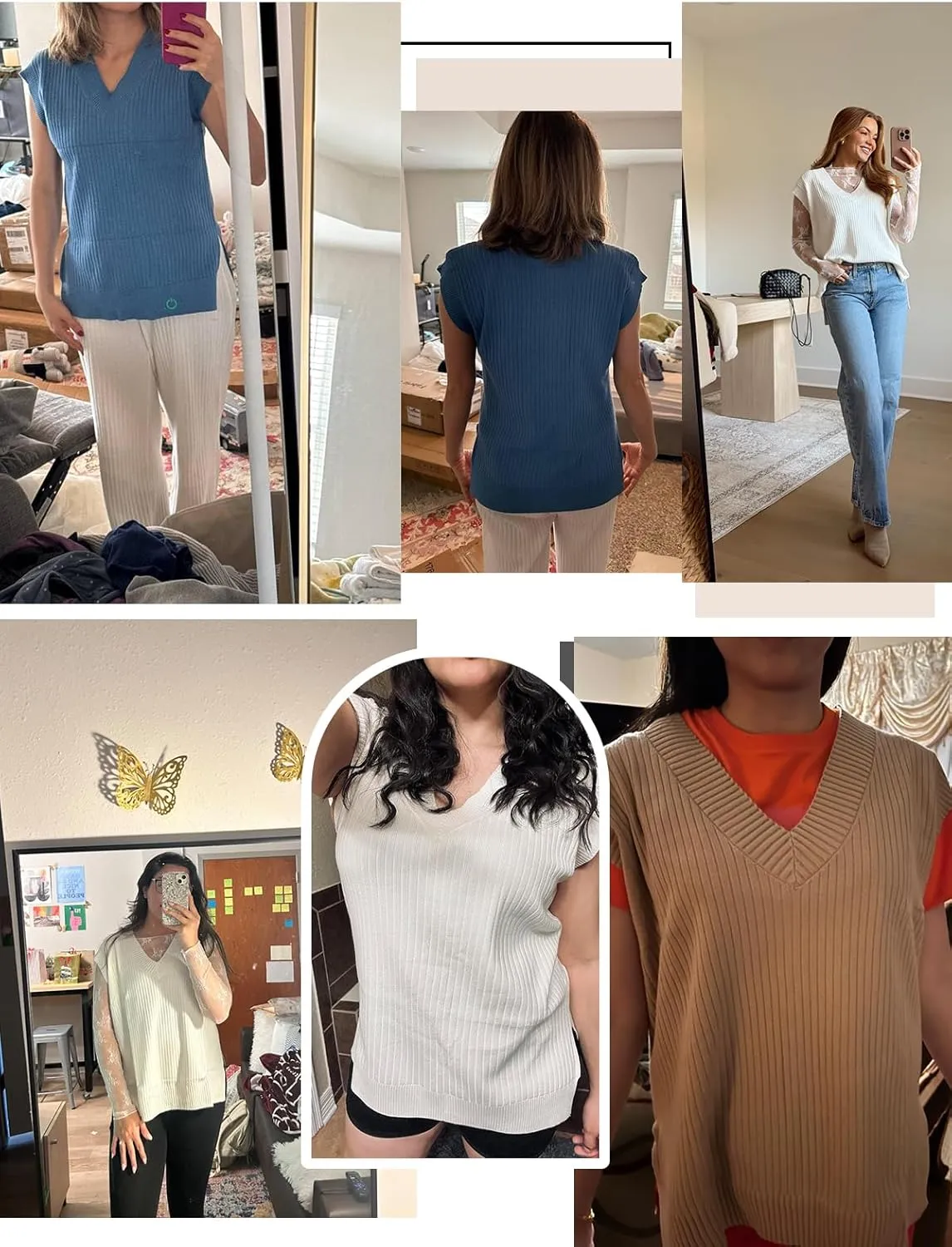 Womens Summer Tops 2025 Spring Sweater Vest Tank Top V Neck Ribbed Short Cap Sleeve Loose Fit Side Slit Trendy Casual Outfits