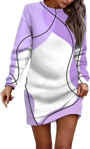 Womens Sweater Dresses 2024 Round Neck Geometric Long Sleeve Hip Wrapped Dress Sweater Dress