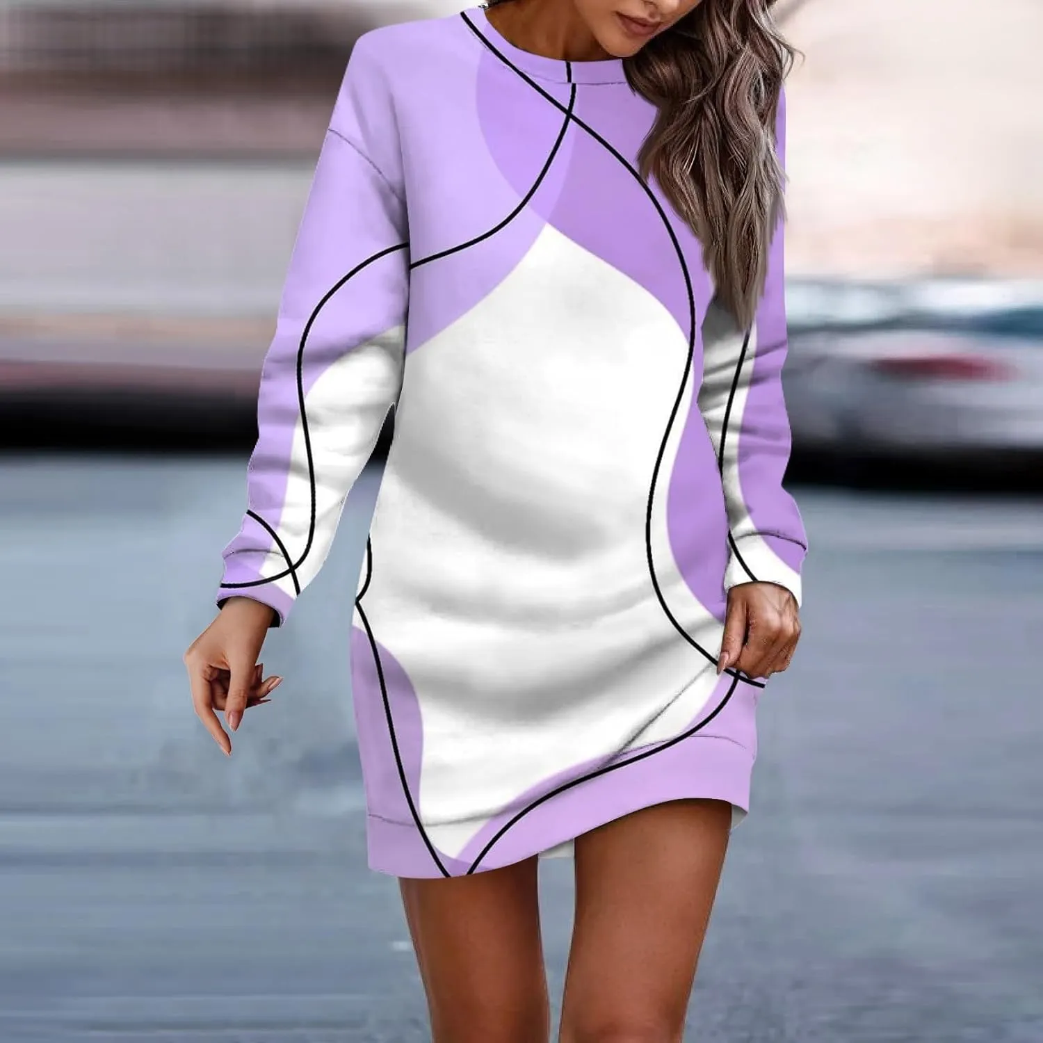 Womens Sweater Dresses 2024 Round Neck Geometric Long Sleeve Hip Wrapped Dress Sweater Dress