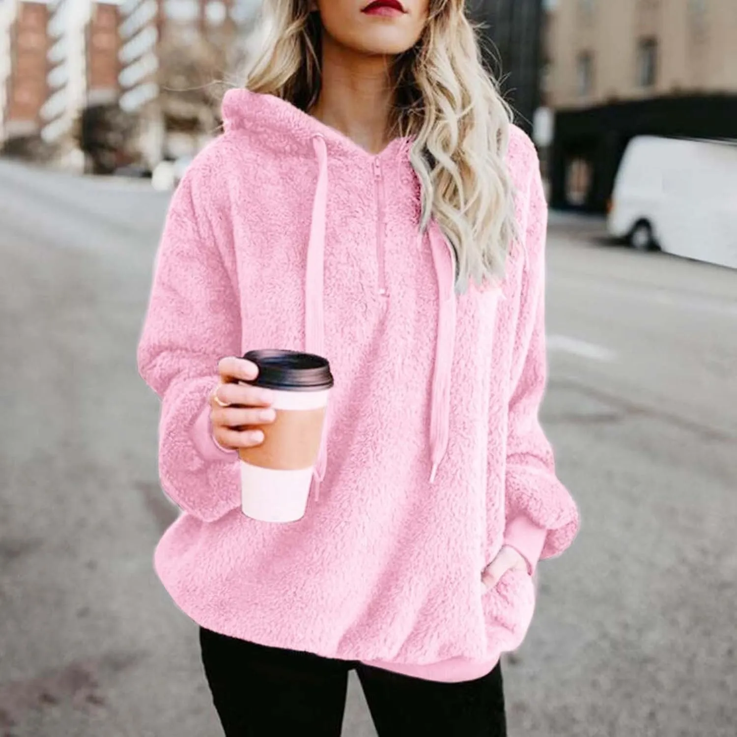 Womens Sweateshirt Oversized Pullover Hoodie Fuzzy Fleece Sweatshirt Fluffy Coat Winter Warm Coat Outwear with Pocket