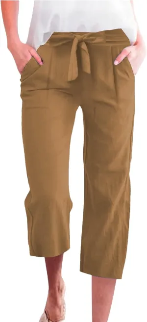 Womens Sweatpants,Women's Pants with Pockets Low Rise Capris Pockets Petite Work Straight Leg Linen Cotton