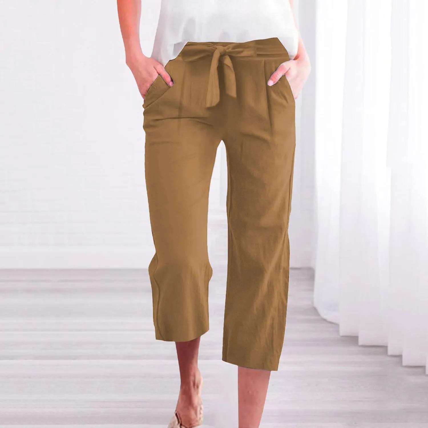 Womens Sweatpants,Women's Pants with Pockets Low Rise Capris Pockets Petite Work Straight Leg Linen Cotton