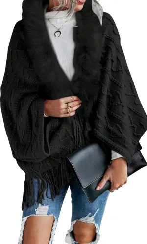 Women's Textured Knit Cape Cardigan Fuzzy Trim Fringe Hem Open Front Sweater Baby Pink Plain Long Sleeve Knit Outwear