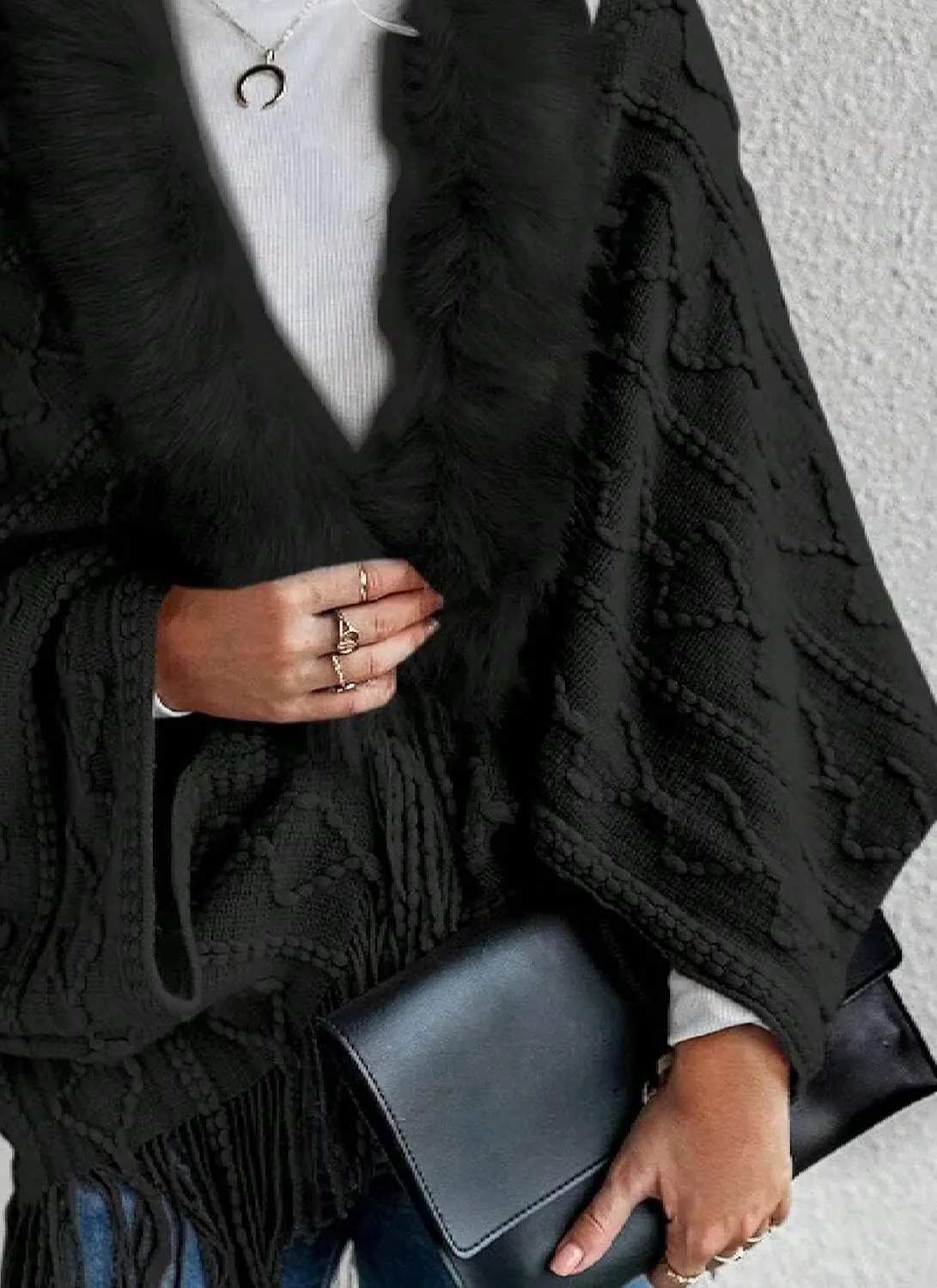 Women's Textured Knit Cape Cardigan Fuzzy Trim Fringe Hem Open Front Sweater Baby Pink Plain Long Sleeve Knit Outwear