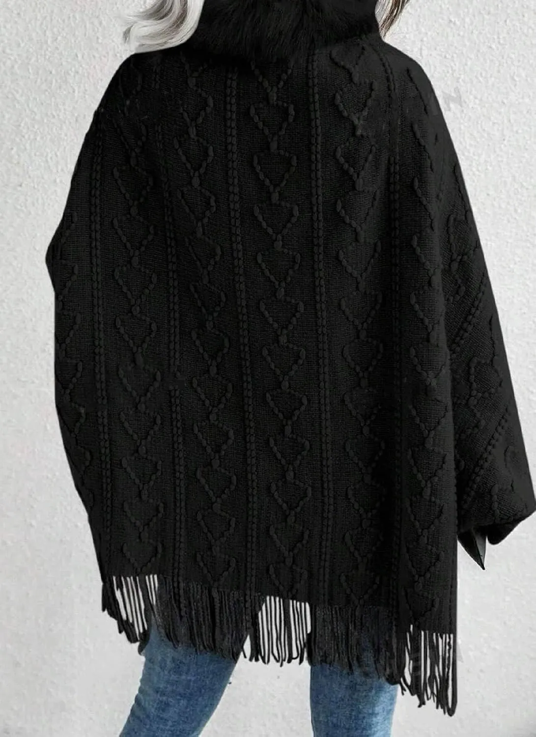 Women's Textured Knit Cape Cardigan Fuzzy Trim Fringe Hem Open Front Sweater Baby Pink Plain Long Sleeve Knit Outwear