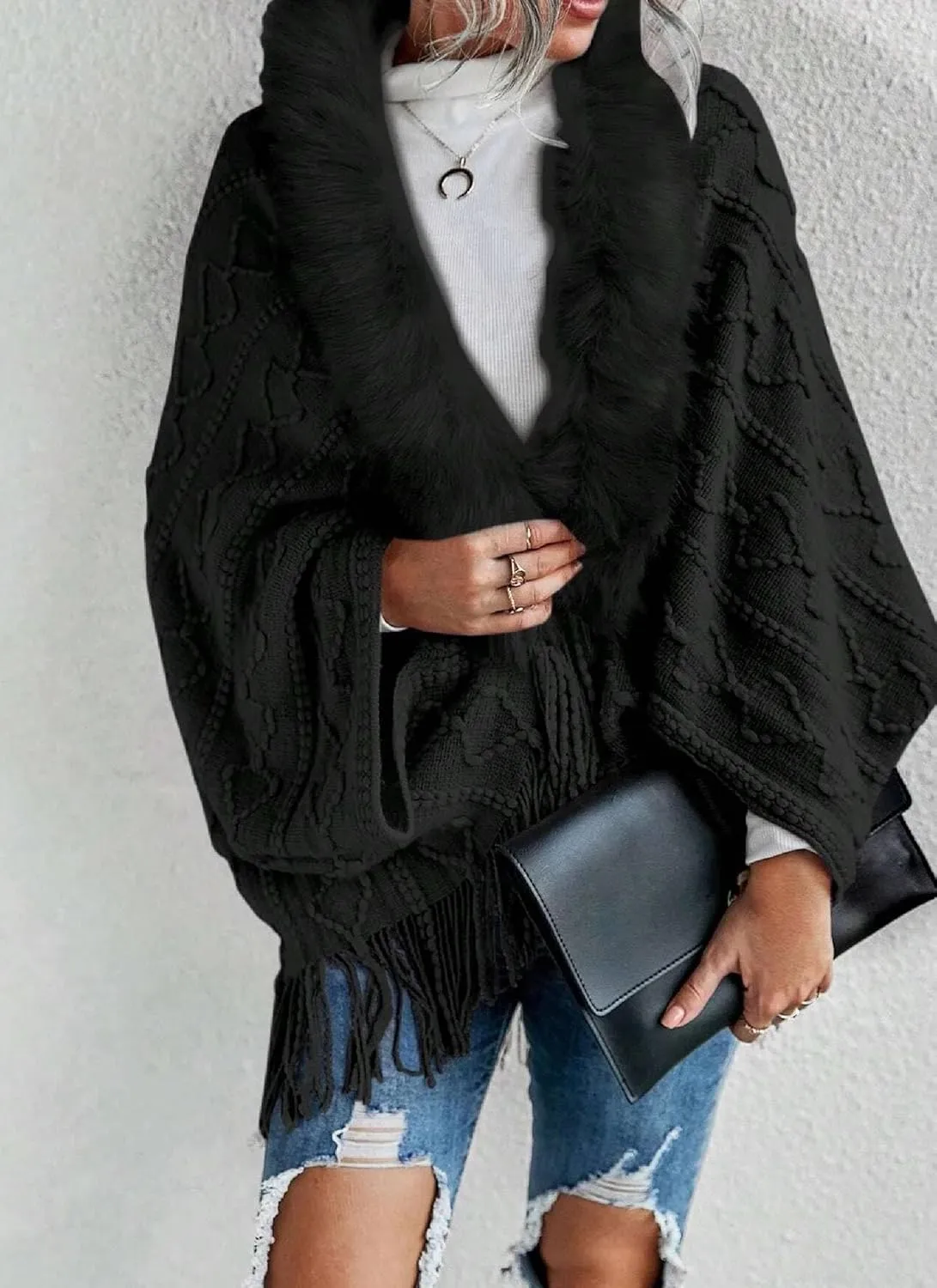 Women's Textured Knit Cape Cardigan Fuzzy Trim Fringe Hem Open Front Sweater Baby Pink Plain Long Sleeve Knit Outwear