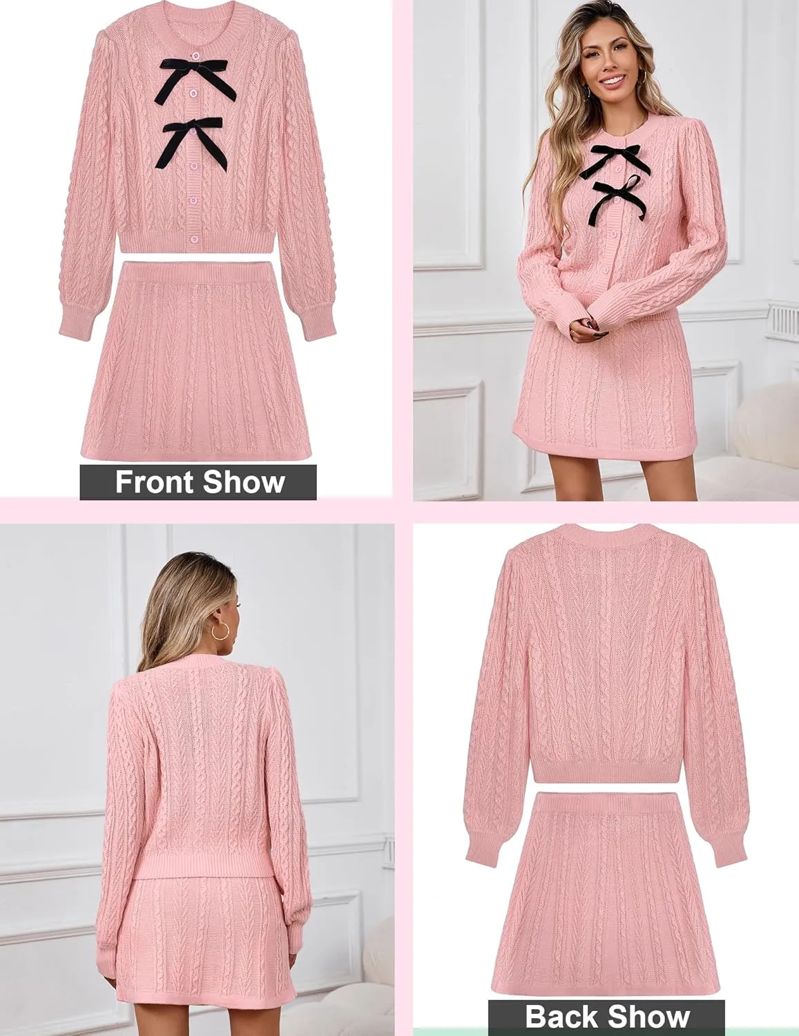 Womens Valentines 2 Piece Set Cable Knit Bow Mini Dress Outfits 2025