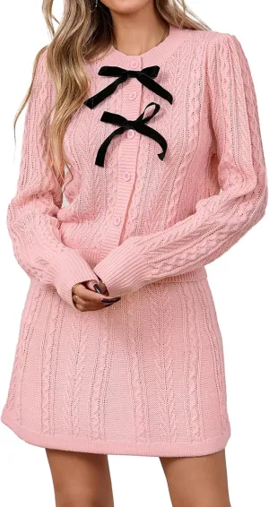 Womens Valentines 2 Piece Set Cable Knit Bow Mini Dress Outfits 2025