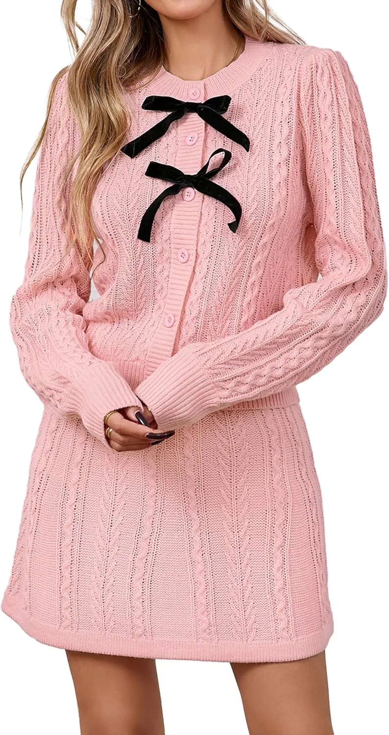 Womens Valentines 2 Piece Set Cable Knit Bow Mini Dress Outfits 2025