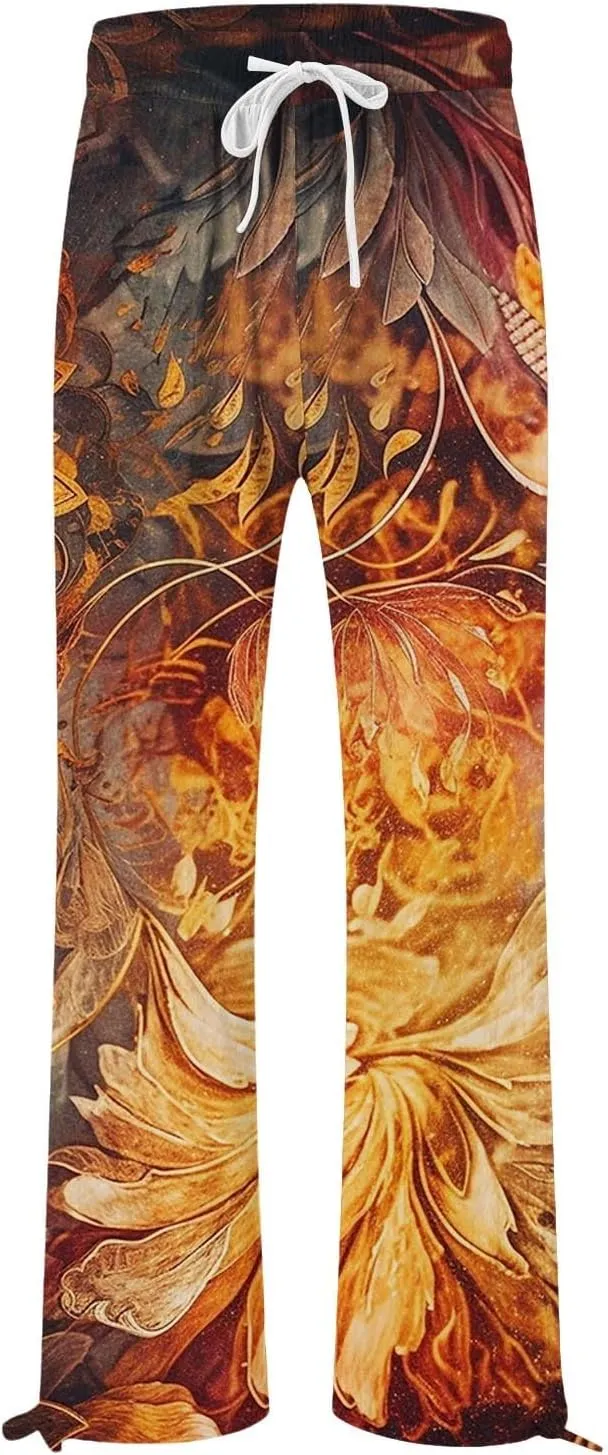 Women's Wide Leg Cotton Linen Palazzo Pants Summer High Waist Retro Printed Flowy Loose Lounge Trousers with Pockets