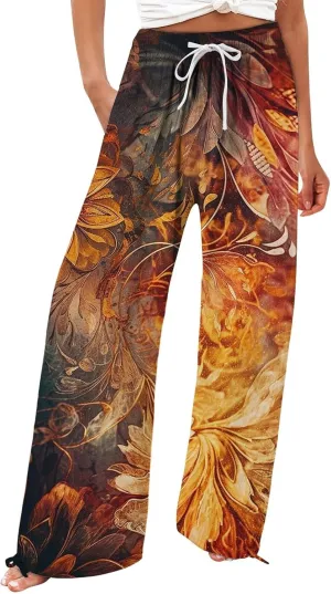 Women's Wide Leg Cotton Linen Palazzo Pants Summer High Waist Retro Printed Flowy Loose Lounge Trousers with Pockets