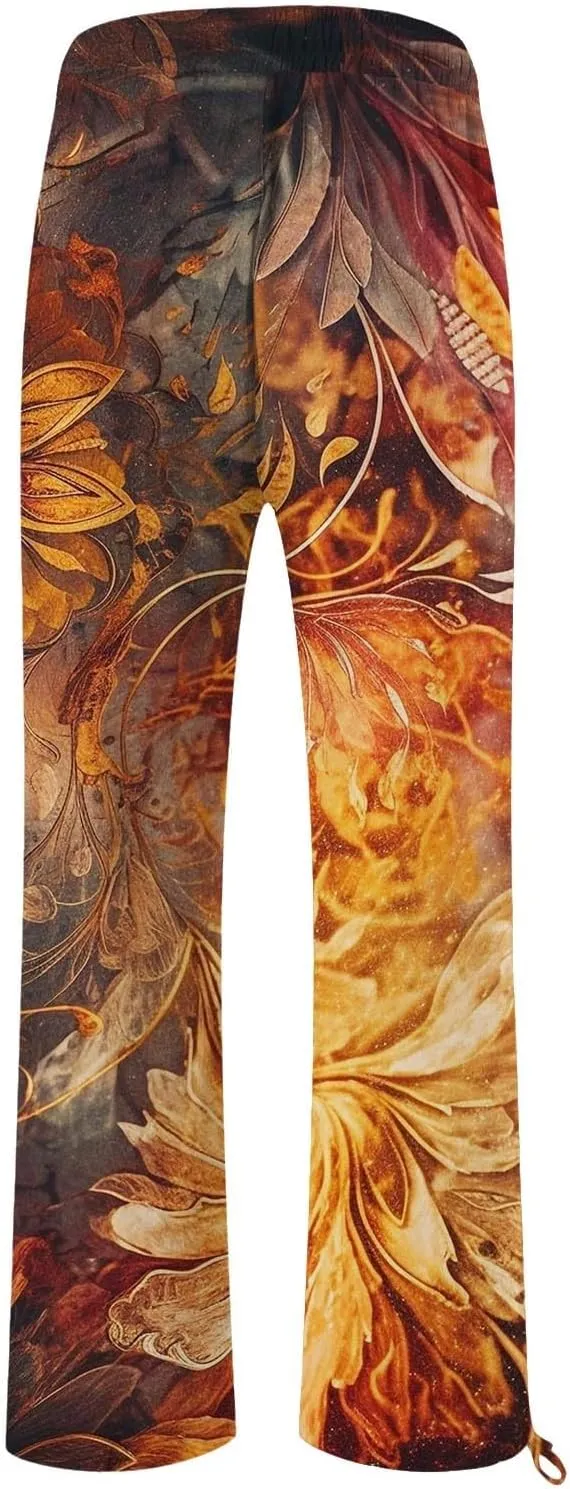 Women's Wide Leg Cotton Linen Palazzo Pants Summer High Waist Retro Printed Flowy Loose Lounge Trousers with Pockets