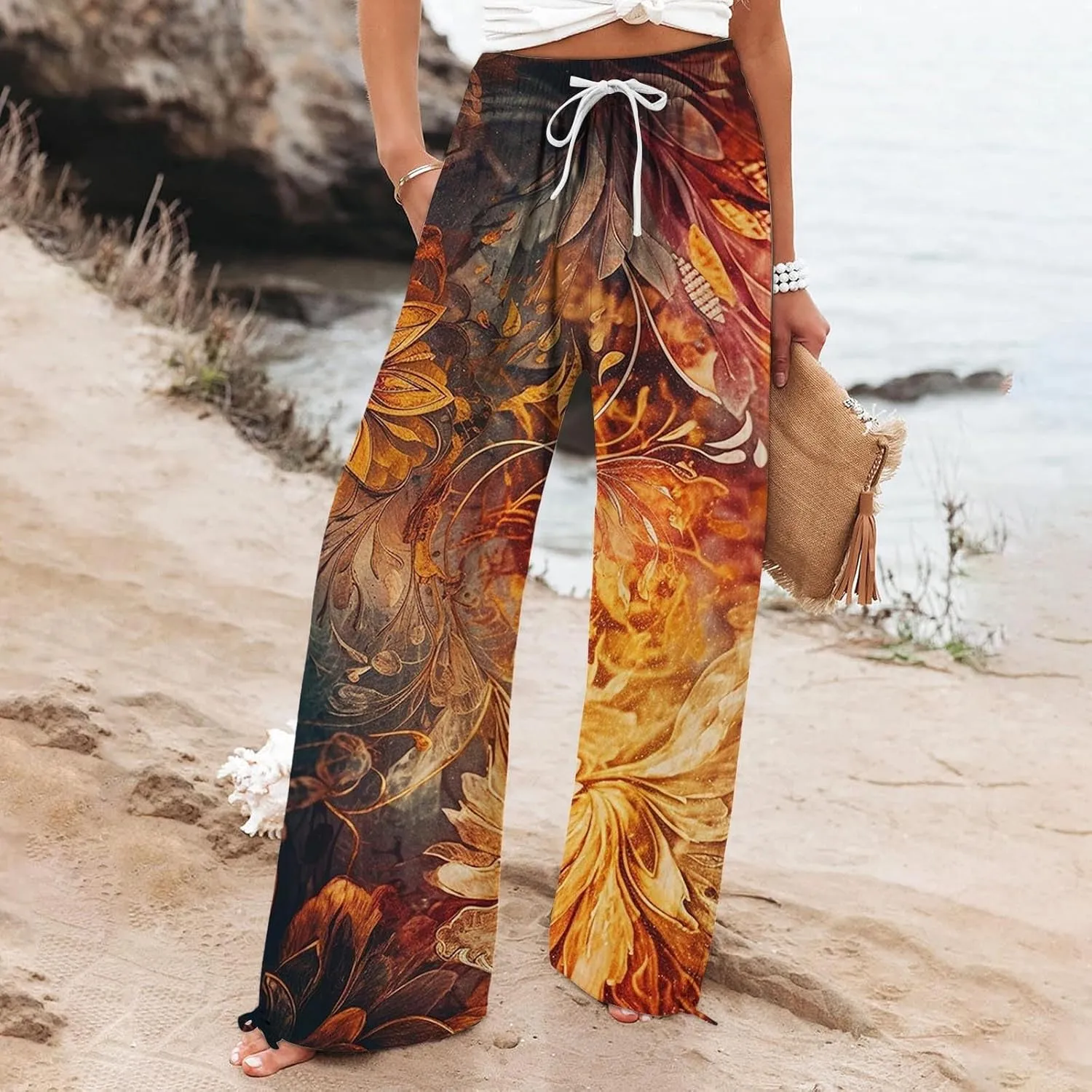 Women's Wide Leg Cotton Linen Palazzo Pants Summer High Waist Retro Printed Flowy Loose Lounge Trousers with Pockets