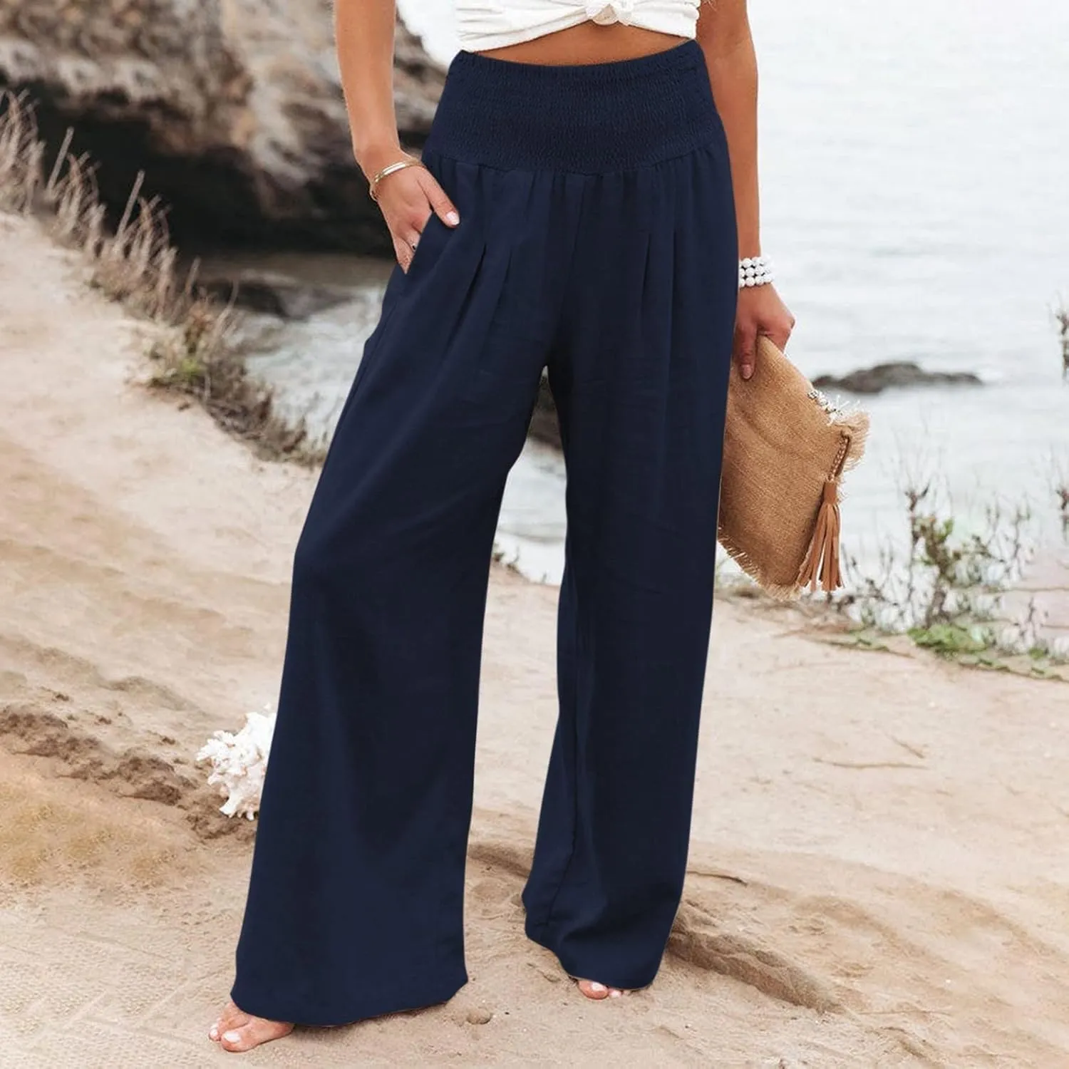 Womens Wide Leg Palazzo Pants Linen Pants 2024 Summer High Waisted Flowy Trousers Casual Lounge Pant with Pockets