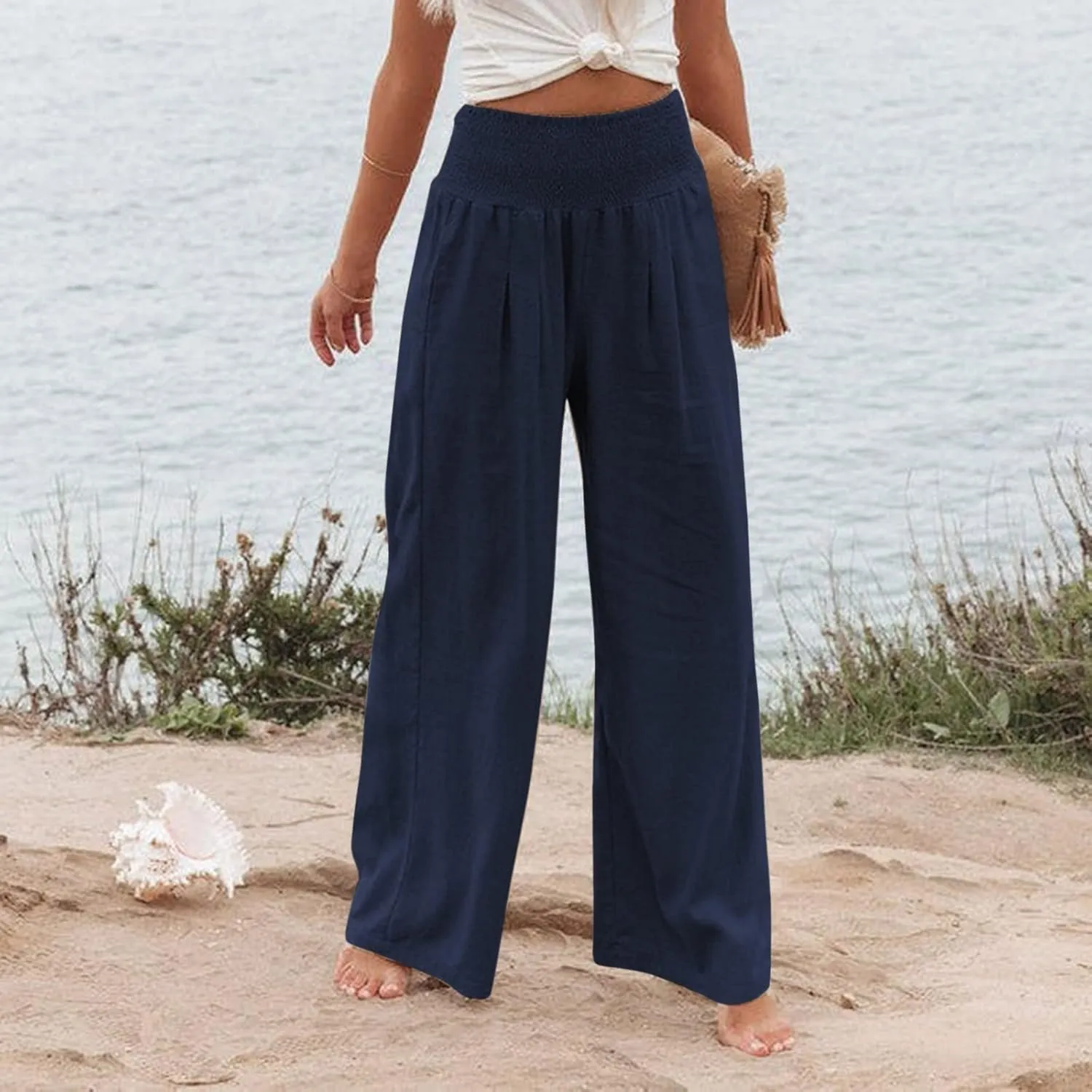 Womens Wide Leg Palazzo Pants Linen Pants 2024 Summer High Waisted Flowy Trousers Casual Lounge Pant with Pockets