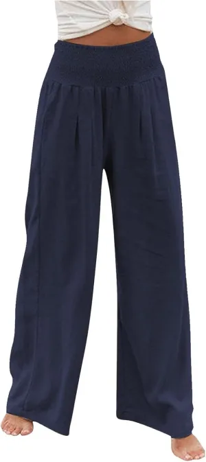 Womens Wide Leg Palazzo Pants Linen Pants 2024 Summer High Waisted Flowy Trousers Casual Lounge Pant with Pockets