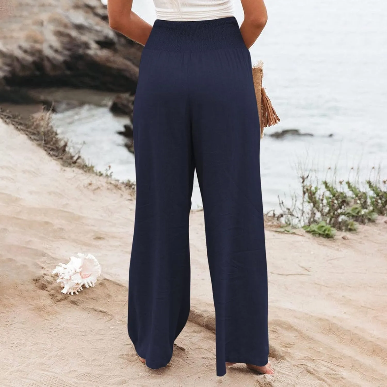 Womens Wide Leg Palazzo Pants Linen Pants 2024 Summer High Waisted Flowy Trousers Casual Lounge Pant with Pockets