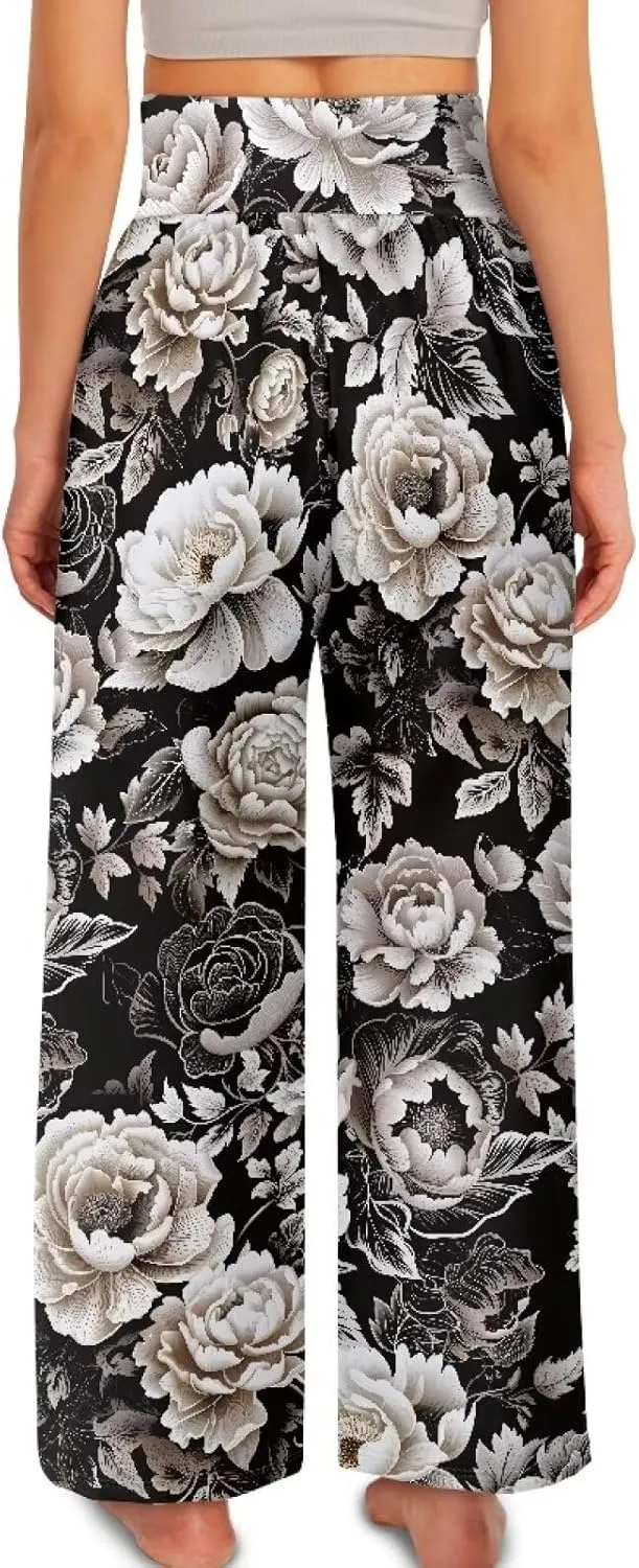 Women's Wide Leg Pants Boho Palazzo Pant High Elastic Waisted Lounge Pant Casual Beach Trousers with Pockets