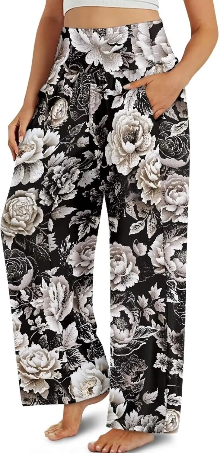 Women's Wide Leg Pants Boho Palazzo Pant High Elastic Waisted Lounge Pant Casual Beach Trousers with Pockets