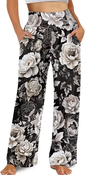 Women's Wide Leg Pants Boho Palazzo Pant High Elastic Waisted Lounge Pant Casual Beach Trousers with Pockets