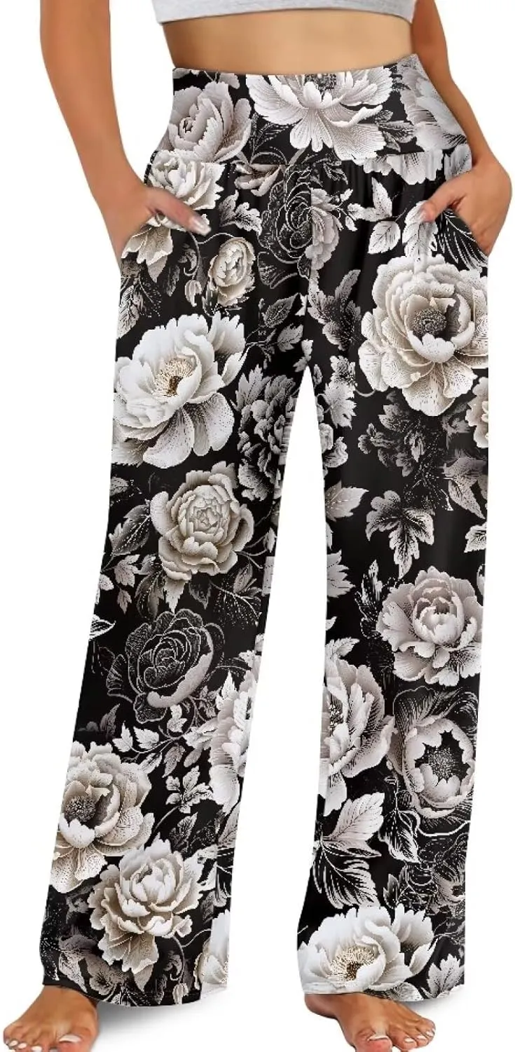 Women's Wide Leg Pants Boho Palazzo Pant High Elastic Waisted Lounge Pant Casual Beach Trousers with Pockets